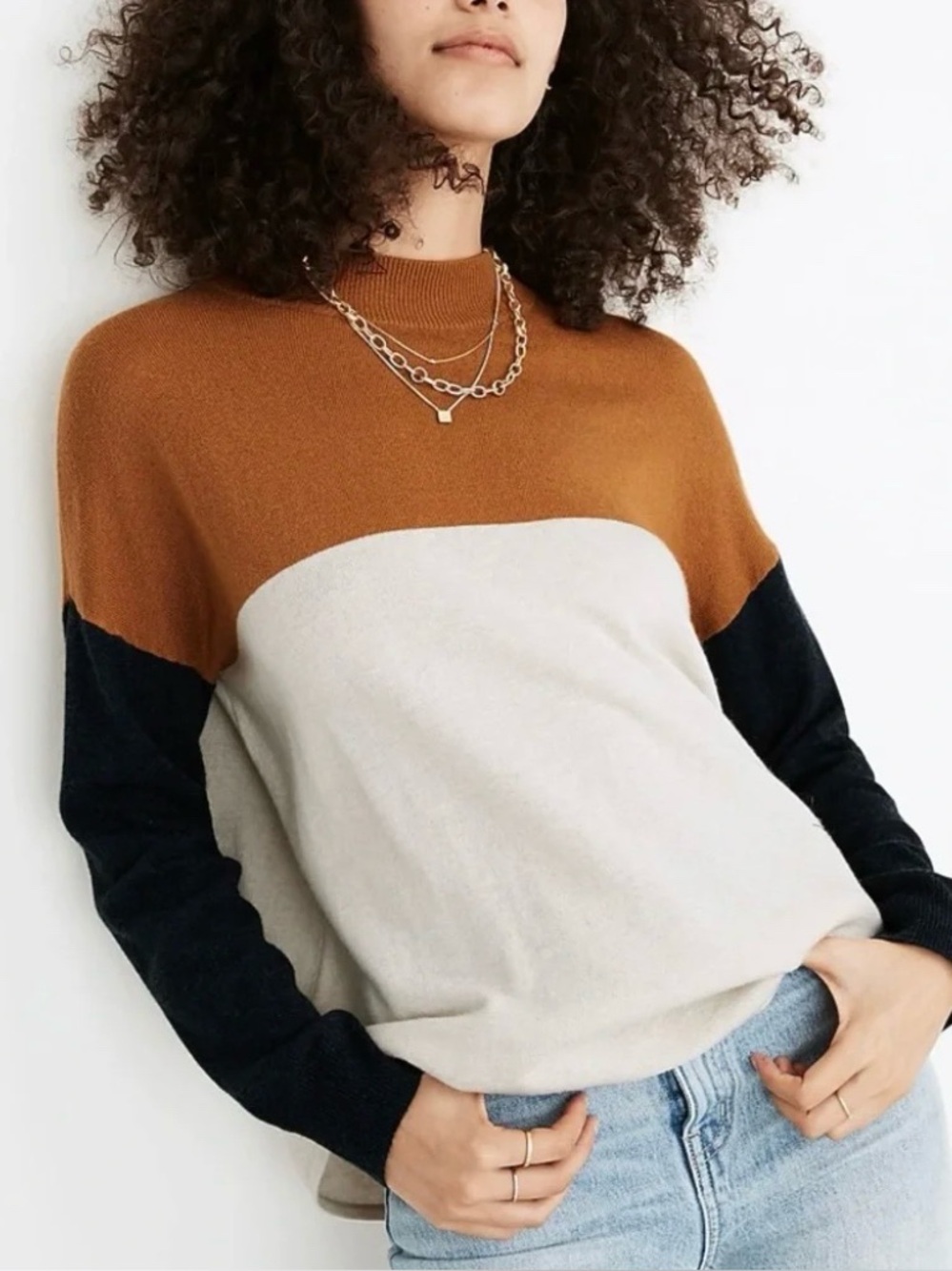 Madewell Colorblock Mock-Neck Sweater in Camel, Cream & Black